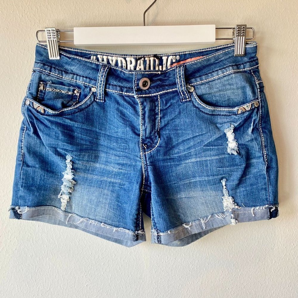 Hydraulic Sammie Boyfriend Distressed Embroidered Jean Shorts 3/4